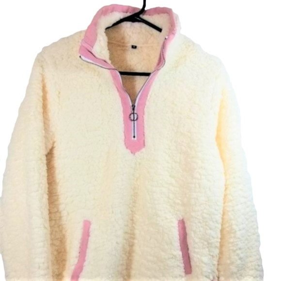 Sweaters - Women's Sherpa Pullover White/pink trim Medium